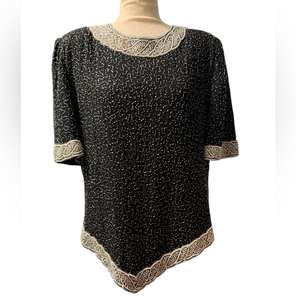 Vtg Beaded Pearl Metallic Glam Maximalist Going Out Top 1X Statement Mobwife